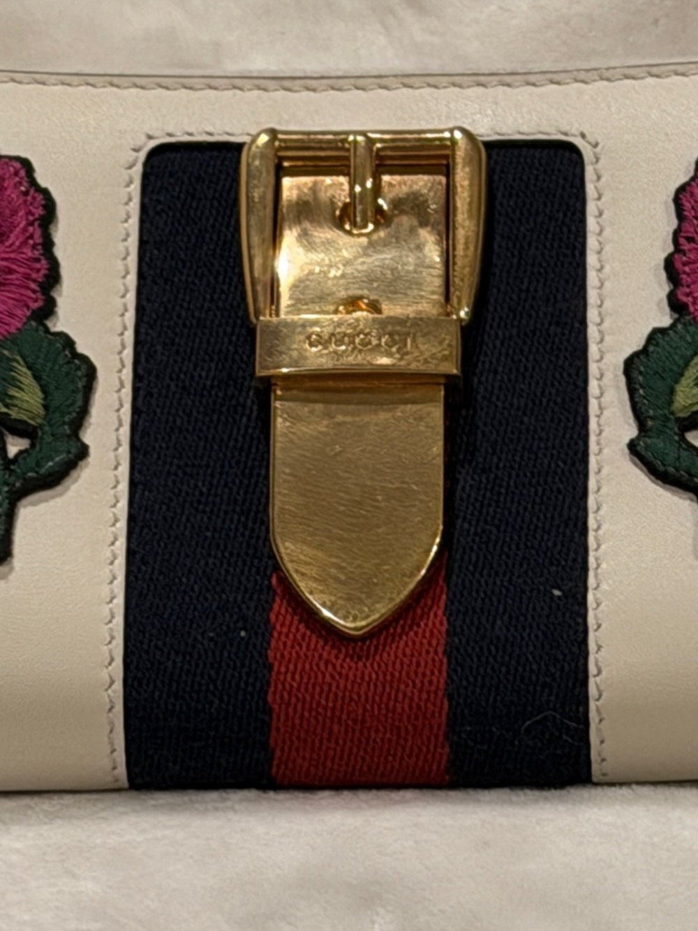Gucci Sylvie Floral Embroidered Zip Around Wallet Ivory Leather Web Stripe